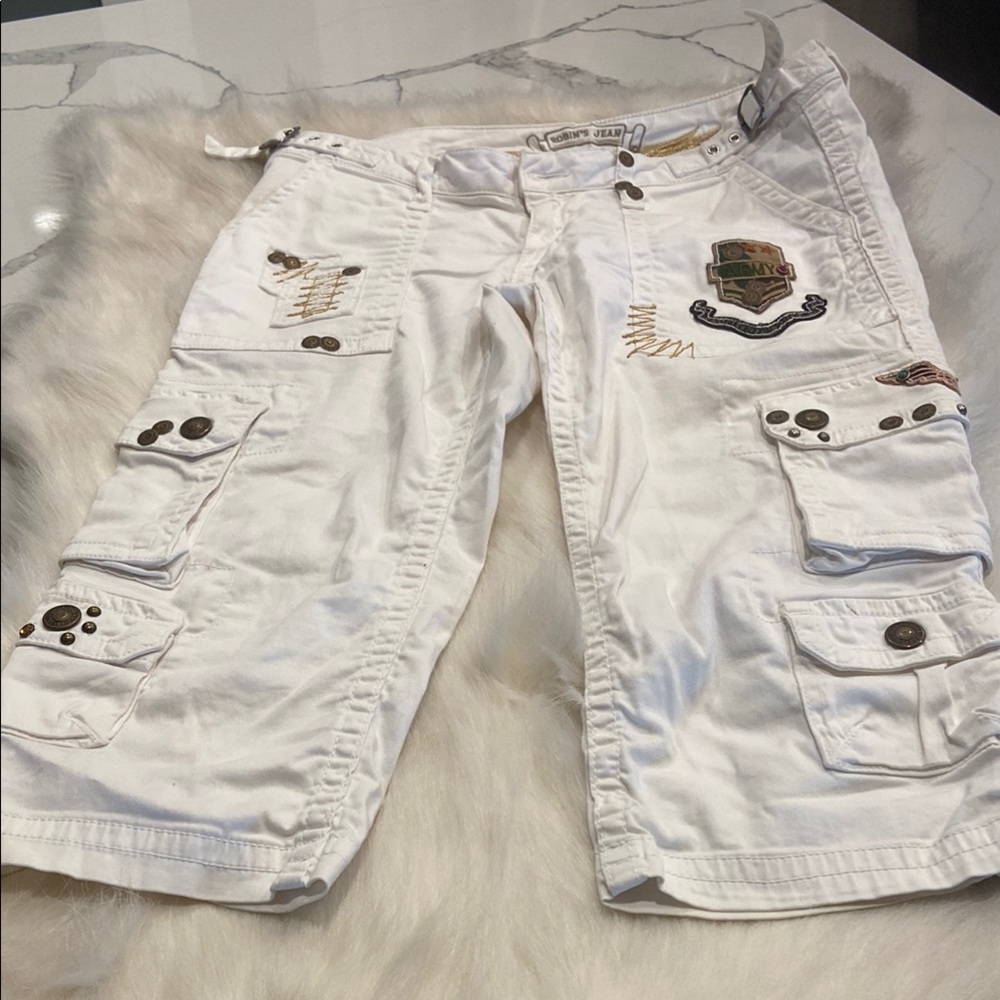 Robin's Jean White Cargo Shorts with Distressed Look